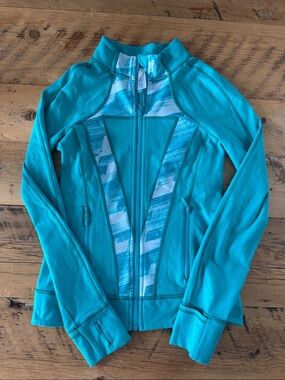 Ivivva Teal Zip-Up Hoodie with White & Teal Pattern